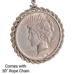 1922 Peace Dollar Sterling Pendant 30" Rope Chain Necklace